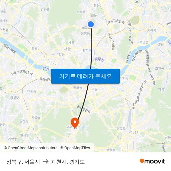 성북구, 서울시 to 과천시, 경기도 map