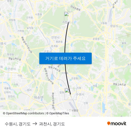 수원시, 경기도 to 과천시, 경기도 map