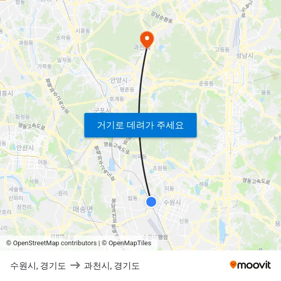 수원시, 경기도 to 과천시, 경기도 map
