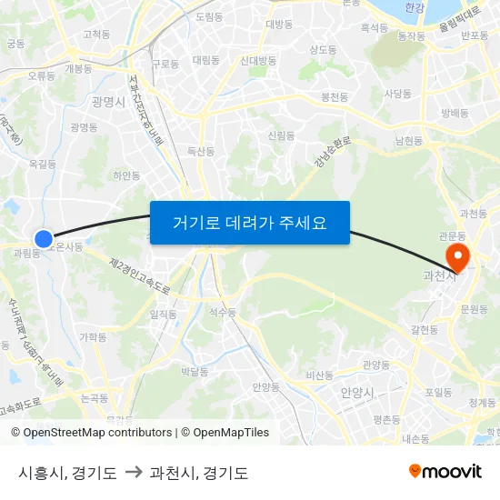 시흥시, 경기도 to 과천시, 경기도 map