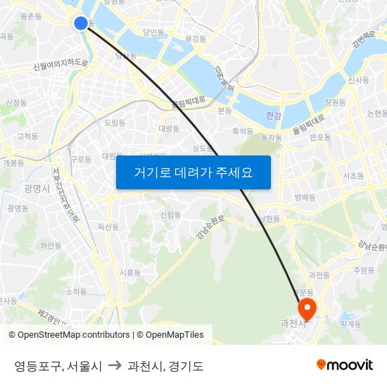 영등포구, 서울시 to 과천시, 경기도 map