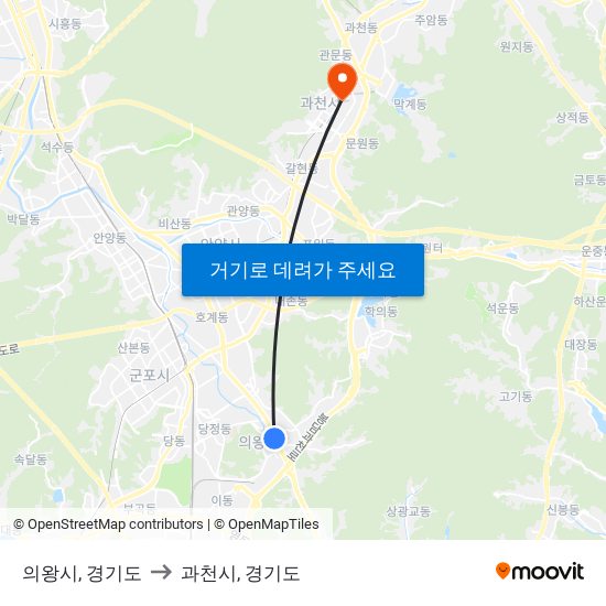 의왕시, 경기도 to 과천시, 경기도 map