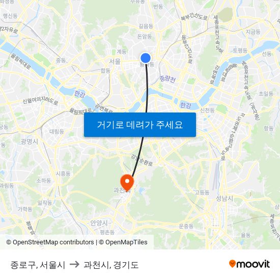 종로구, 서울시 to 과천시, 경기도 map