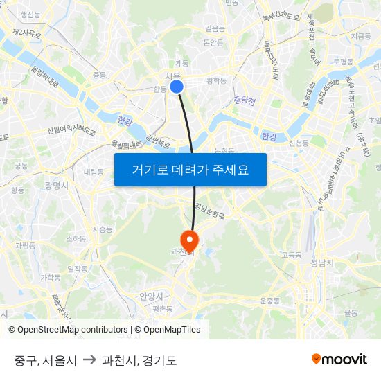 중구, 서울시 to 과천시, 경기도 map