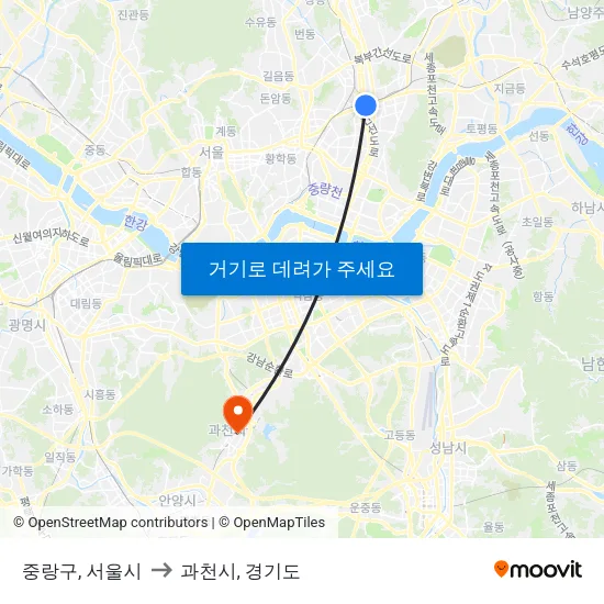 중랑구, 서울시 to 과천시, 경기도 map