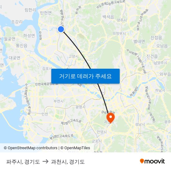 파주시, 경기도 to 과천시, 경기도 map