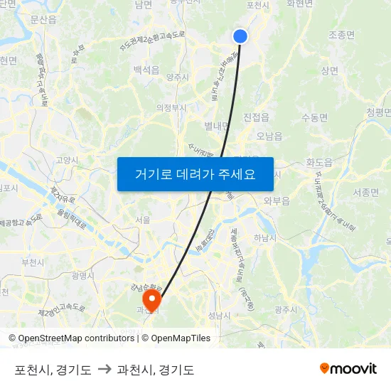 포천시, 경기도 to 과천시, 경기도 map