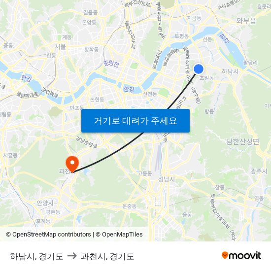 하남시, 경기도 to 과천시, 경기도 map