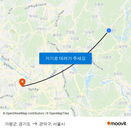 가평군, 경기도 to 관악구, 서울시 map