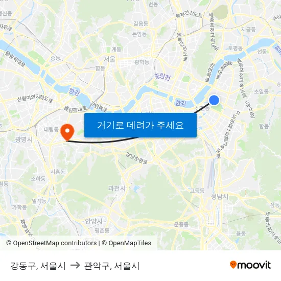 강동구, 서울시 to 관악구, 서울시 map
