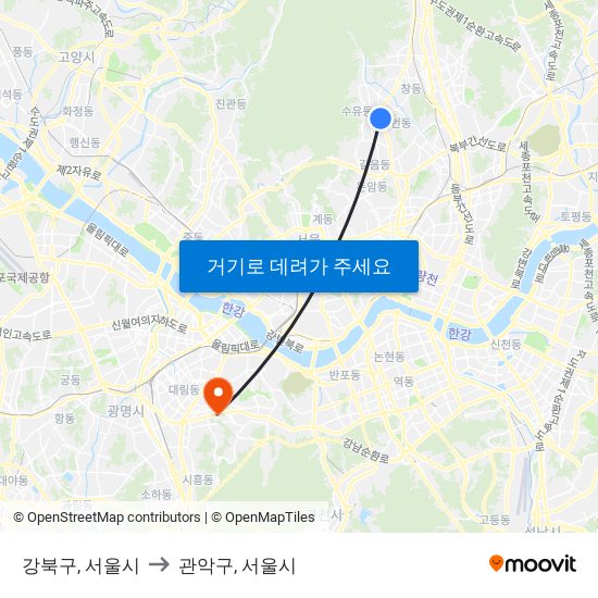 강북구, 서울시 to 관악구, 서울시 map