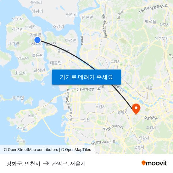 강화군, 인천시 to 관악구, 서울시 map