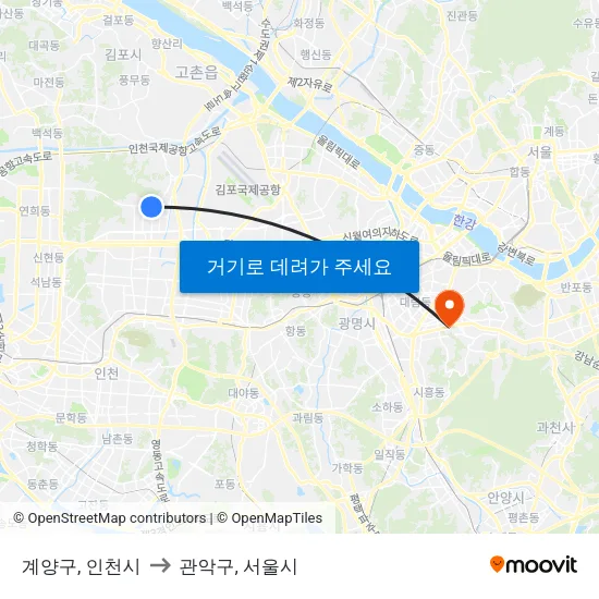 계양구, 인천시 to 관악구, 서울시 map