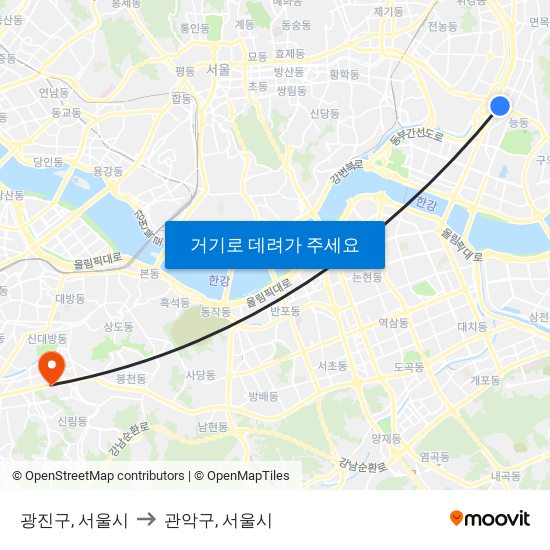 광진구, 서울시 to 관악구, 서울시 map