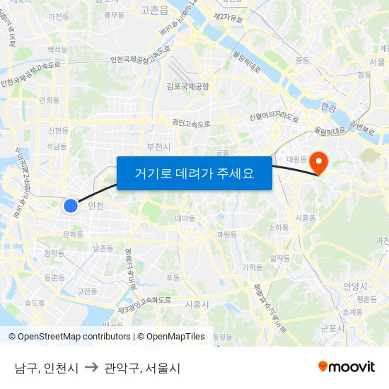 남구, 인천시 to 관악구, 서울시 map