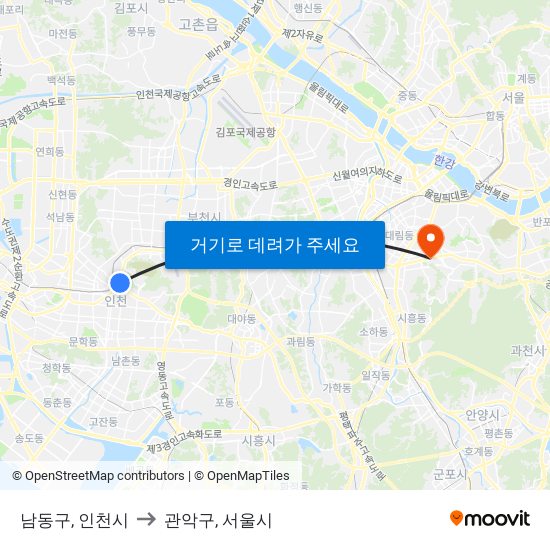 남동구, 인천시 to 관악구, 서울시 map