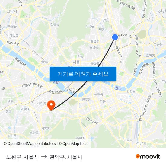 노원구, 서울시 to 관악구, 서울시 map