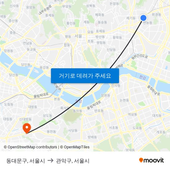 동대문구, 서울시 to 관악구, 서울시 map