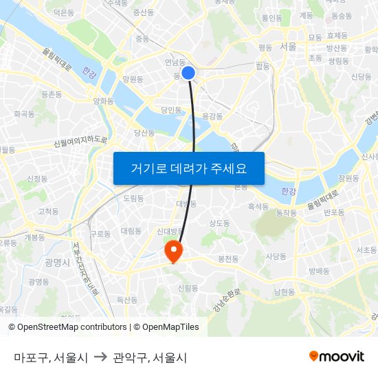 마포구, 서울시 to 관악구, 서울시 map
