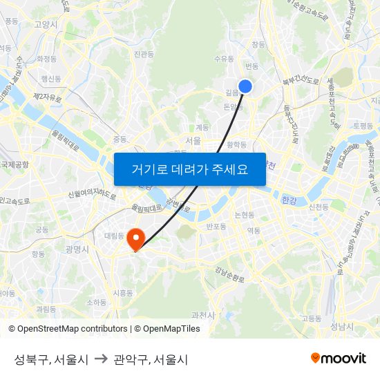 성북구, 서울시 to 관악구, 서울시 map