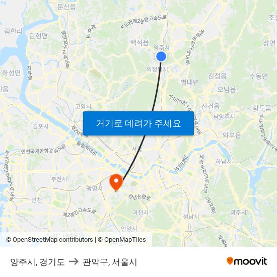 양주시, 경기도 to 관악구, 서울시 map