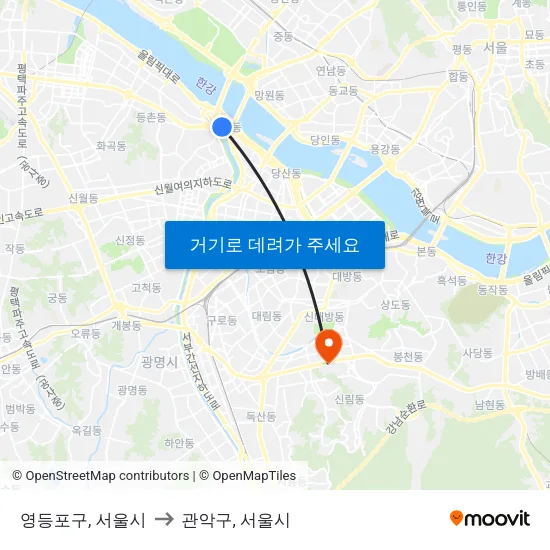 영등포구, 서울시 to 관악구, 서울시 map