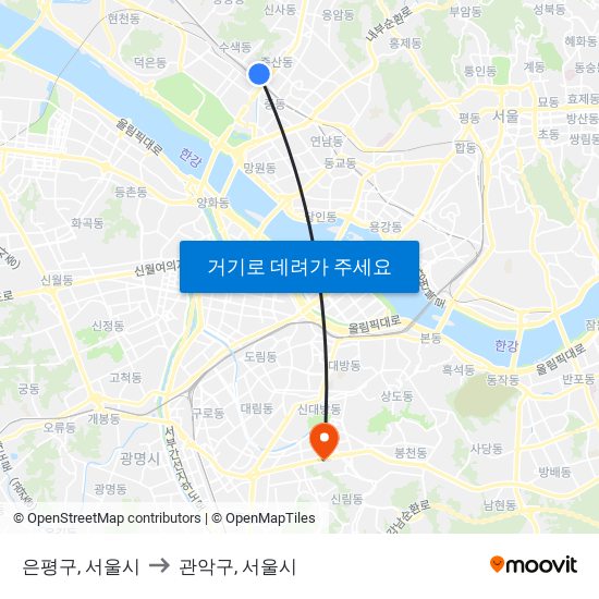 은평구, 서울시 to 관악구, 서울시 map