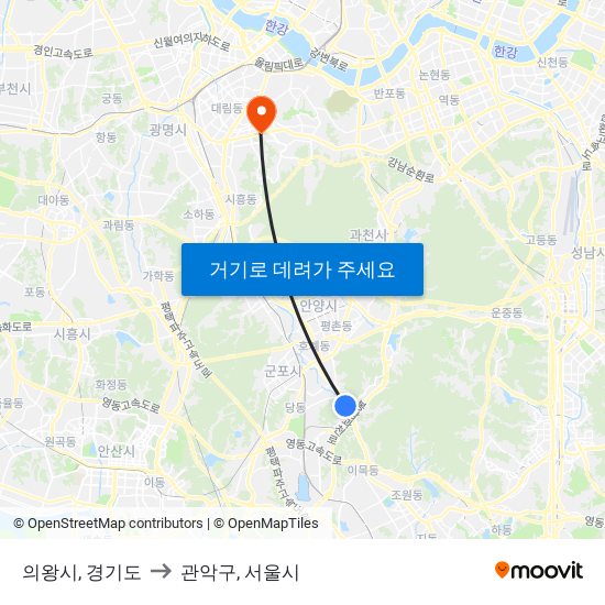 의왕시, 경기도 to 관악구, 서울시 map