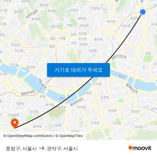 중랑구, 서울시 to 관악구, 서울시 map