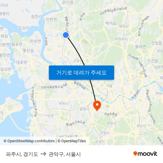 파주시, 경기도 to 관악구, 서울시 map