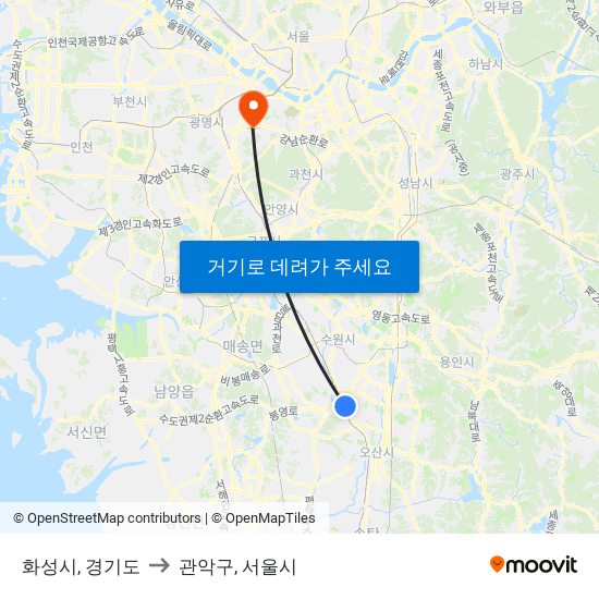 화성시, 경기도 to 관악구, 서울시 map