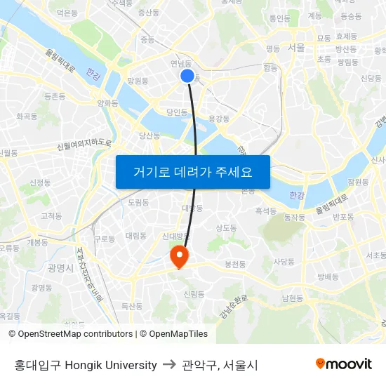 홍대입구 Hongik University to 관악구, 서울시 map