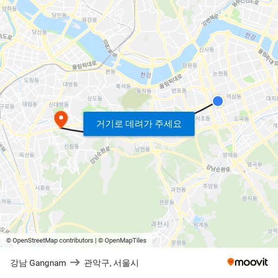강남 Gangnam to 관악구, 서울시 map