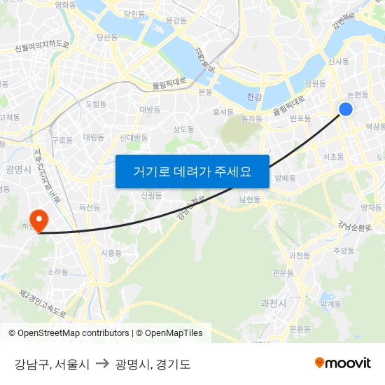 강남구, 서울시 to 광명시, 경기도 map