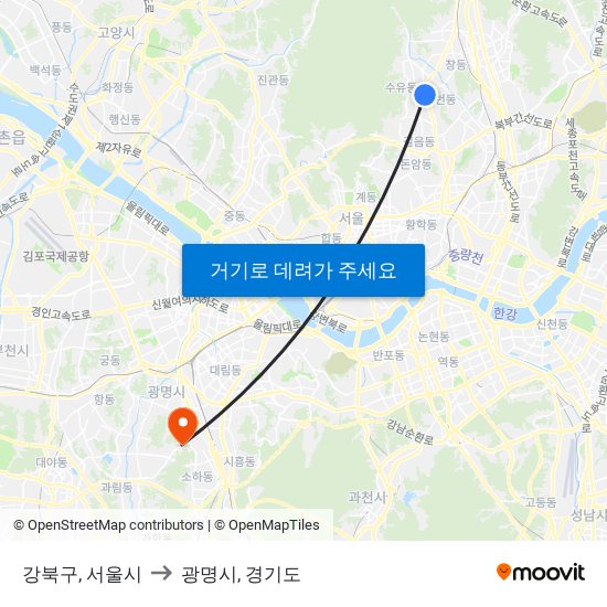 강북구, 서울시 to 광명시, 경기도 map