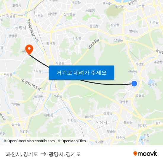 과천시, 경기도 to 광명시, 경기도 map