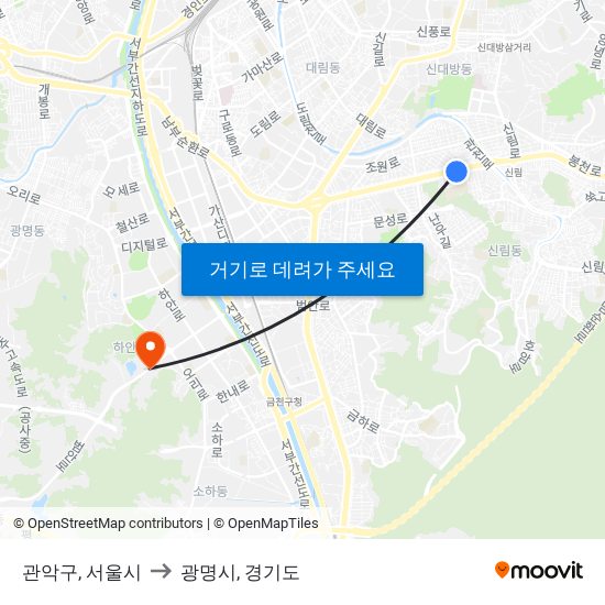 관악구, 서울시 to 광명시, 경기도 map