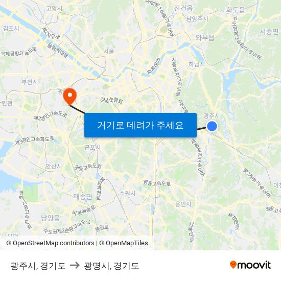 광주시, 경기도 to 광명시, 경기도 map