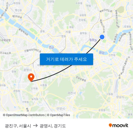 광진구, 서울시 to 광명시, 경기도 map