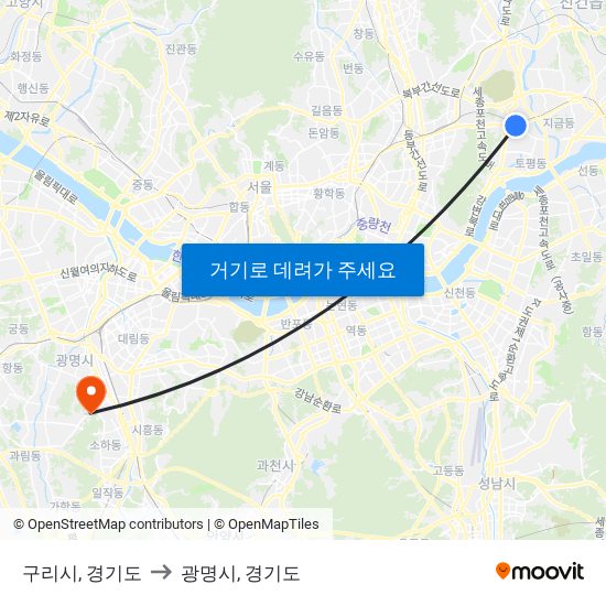 구리시, 경기도 to 광명시, 경기도 map