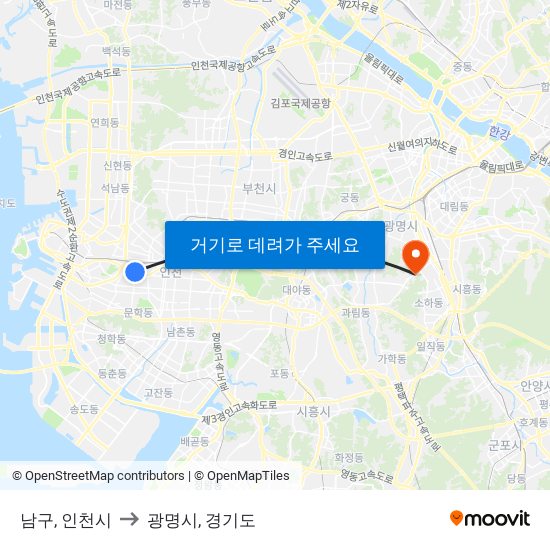 남구, 인천시 to 광명시, 경기도 map