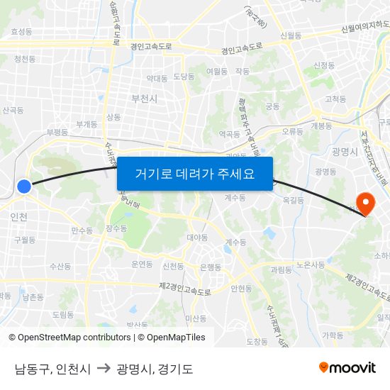 남동구, 인천시 to 광명시, 경기도 map