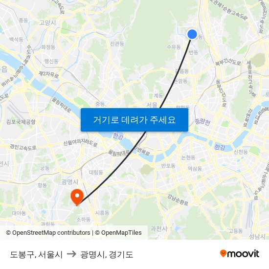 도봉구, 서울시 to 광명시, 경기도 map