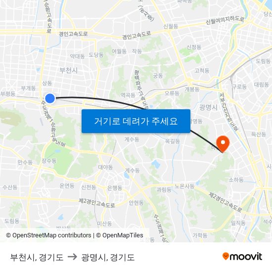 부천시, 경기도 to 광명시, 경기도 map