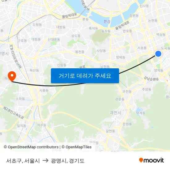 서초구, 서울시 to 광명시, 경기도 map
