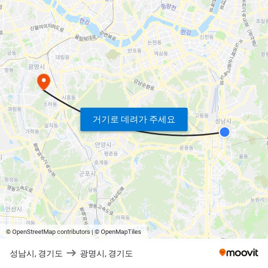 성남시, 경기도 to 광명시, 경기도 map