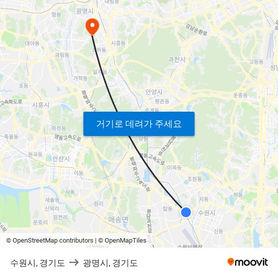 수원시, 경기도 to 광명시, 경기도 map