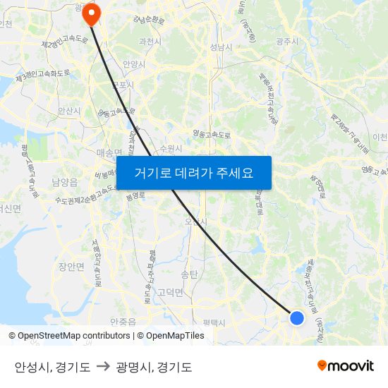 안성시, 경기도 to 광명시, 경기도 map