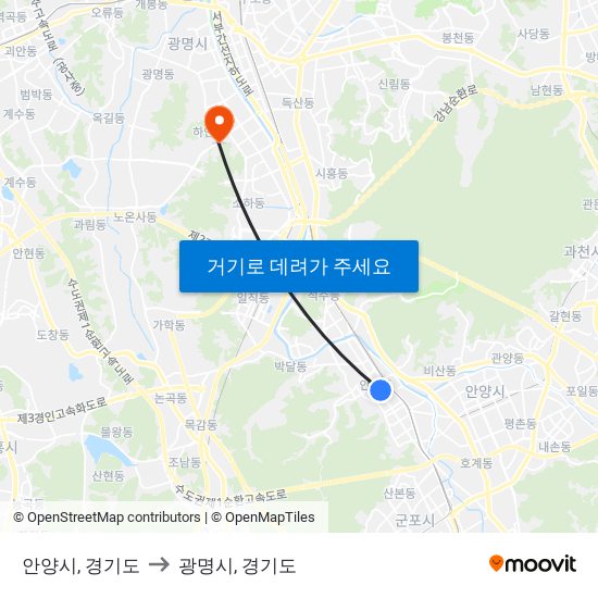 안양시, 경기도 to 광명시, 경기도 map