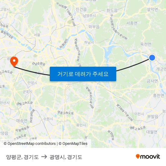 양평군, 경기도 to 광명시, 경기도 map